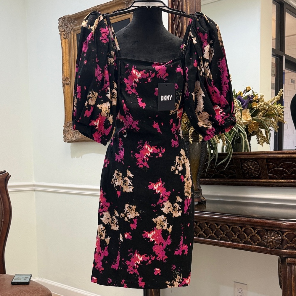 DKNY Long Sleeve Floral Dress - Black and Pink